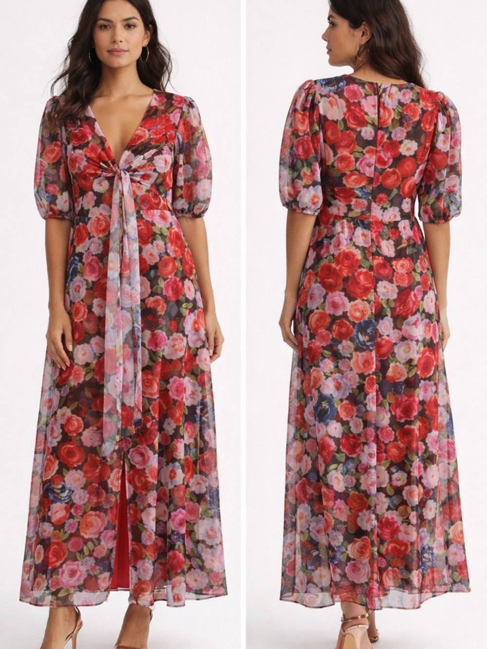 NWT Mac Duggal Floral Tie-Front Maxi Dress in Red Rose